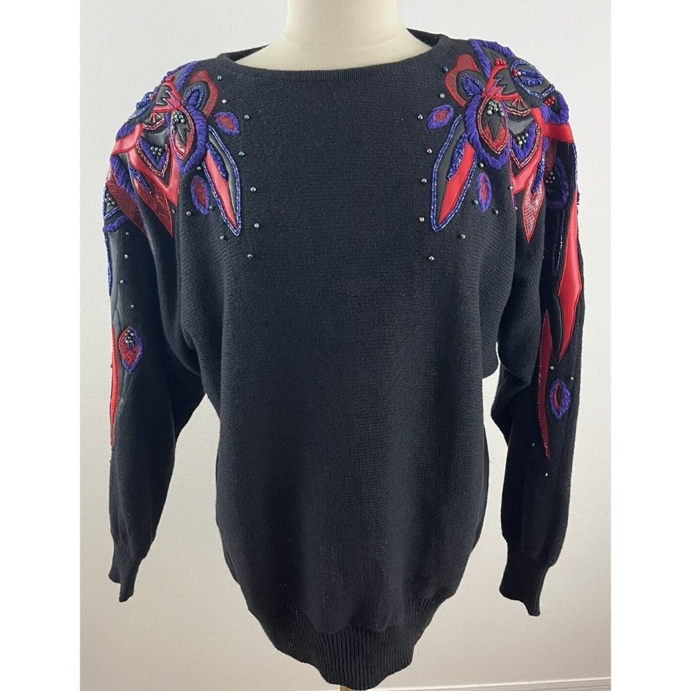 Vintage 80s 90s Cervelle Women's L Embellished Oversize Sweater Goldbergs Ramie